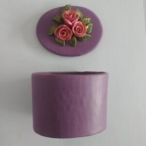 Adorable small clay pottery feel purple box with rose flower lid